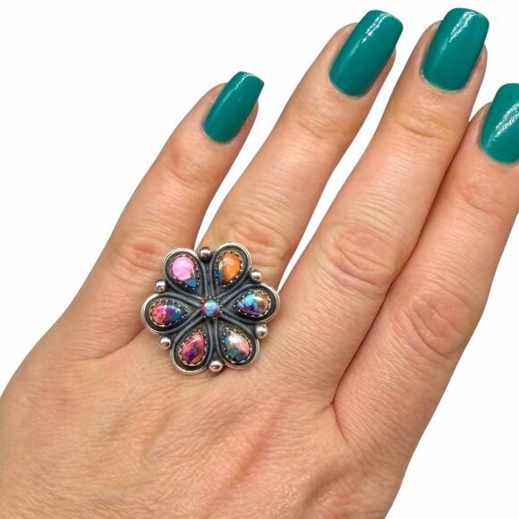 Kingman Pink Dahlia Flower Cluster Ring Size 7 Solid 925 Sterling Silver - Picture 2 of 7